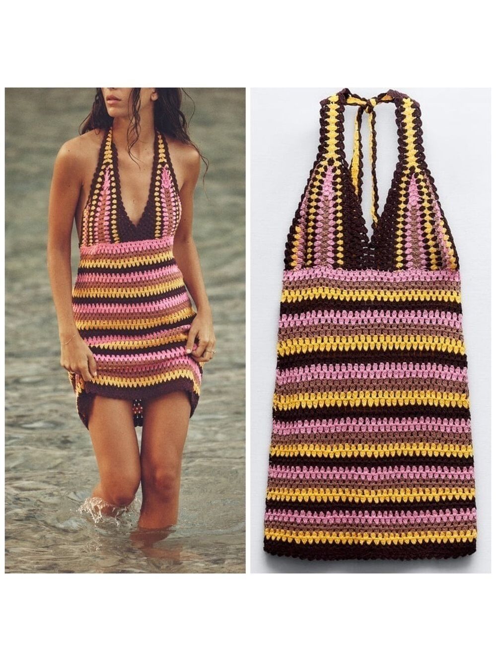 Zara Crochet Zigzag Striped Retro Vibe Halter Mini Dress Coverup
